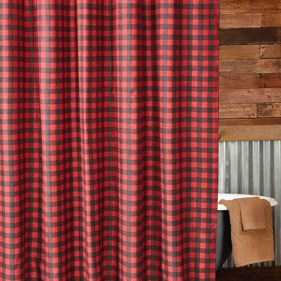 BUFFALO PLAID PRIMITIVE RED 72" SHOWER CURTAIN HOOKS BLACK CHECK 13 PC SET - Picture 2 of 5
